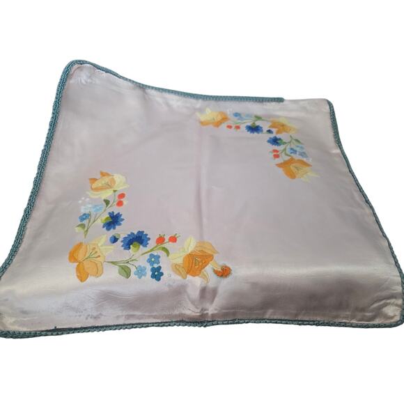 Vtg Light Pink Pillow Cover Satin Ribbon Hand Embroidered Floral Blue Couch - Picture 1 of 8